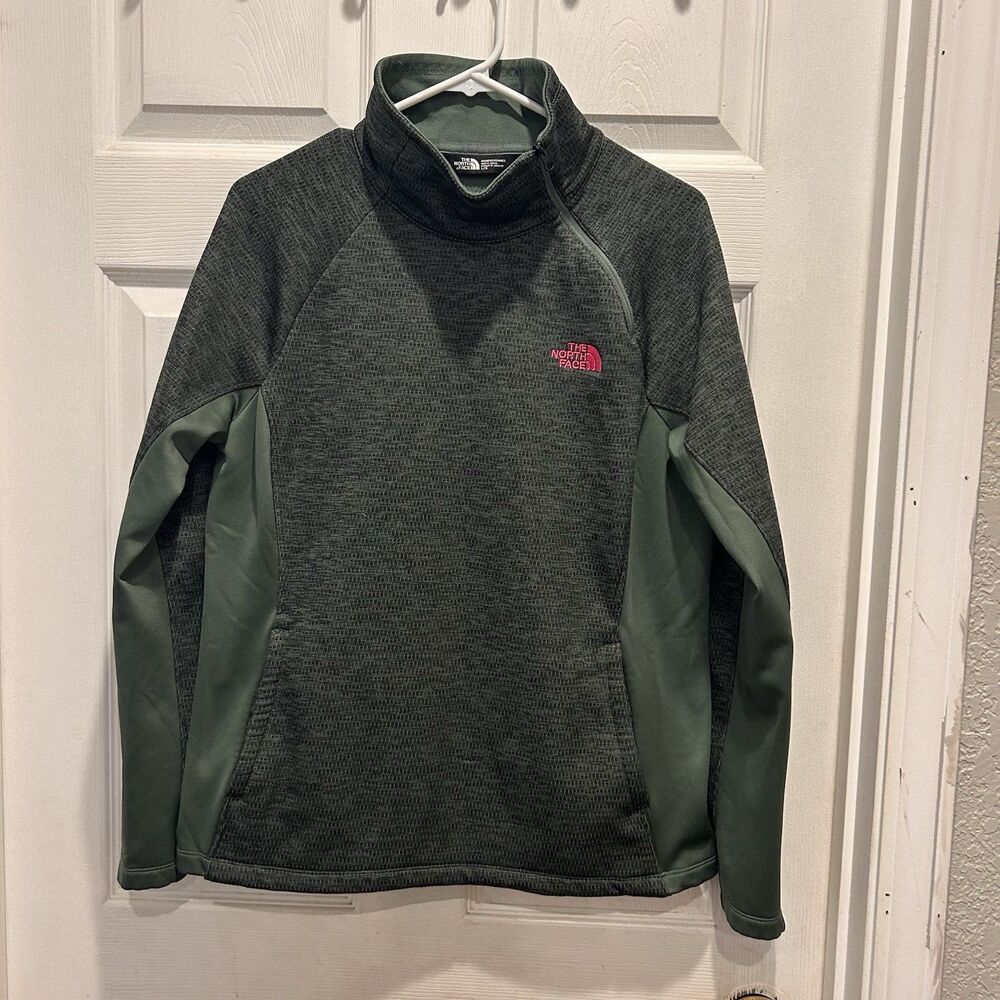 The North Face Green Grey Pink Sweater Women’s Large‎ Cowl Neck Kangaroo Pocket